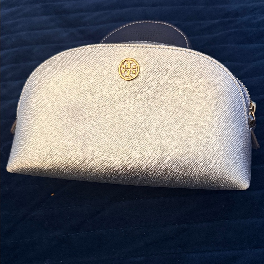 Tory Burch Silver Cosmetic Bag with Gold Logo